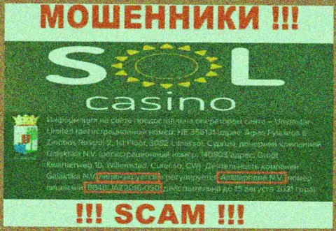 Будьте очень внимательны, зная номер лицензии на осуществление деятельности Sol Casino с их интернет-площадки, избежать надувательства не получится - ШУЛЕРА !!!