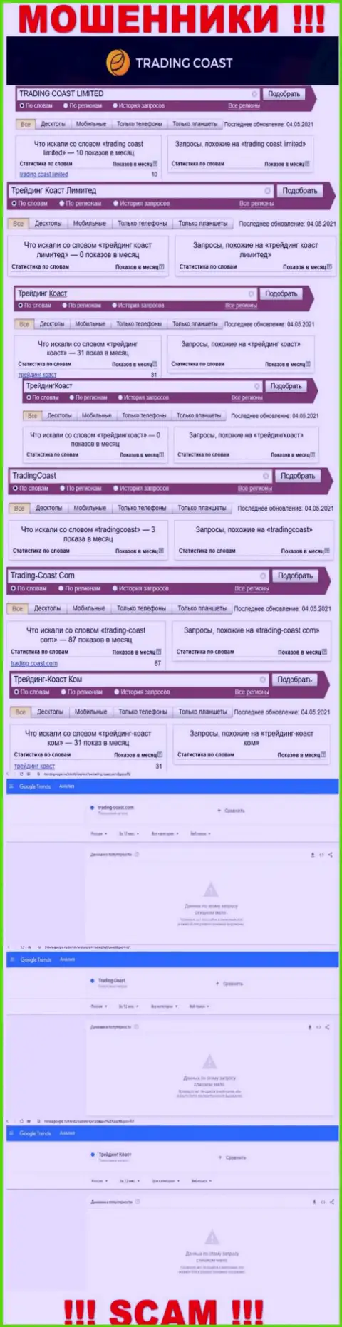 Скриншот результатов online-запросов по жульнической организации Trading Coast