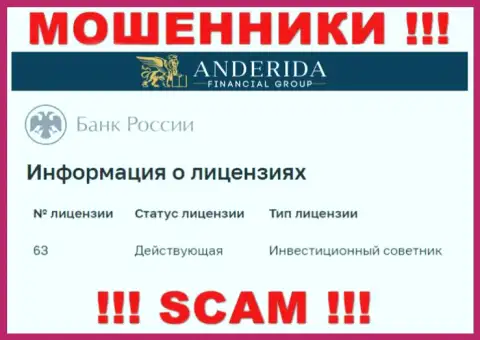Anderida Group уверяют, что имеют лицензионный документ от Центрального Банка России (информация с веб-сервиса мошенников)