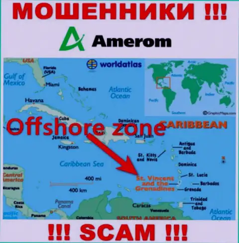Компания Amerom имеет регистрацию очень далеко от слитых ими клиентов на территории Saint Vincent and the Grenadines