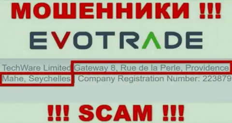 Из компании Evo Trade вернуть обратно вложения не получится - указанные мошенники скрылись в офшоре: Gateway 8, Rue de la Perle, Providence, Mahe, Seychelles