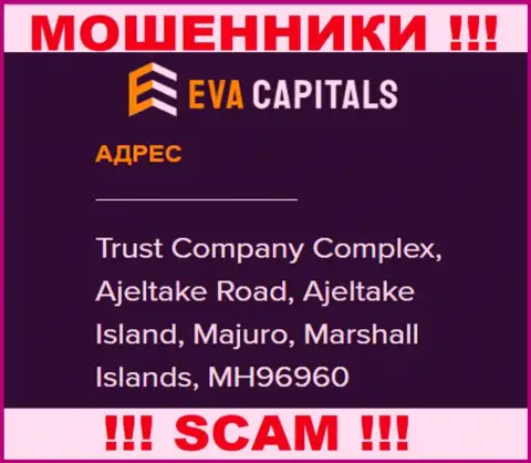 На веб-сайте Eva Capitals предложен офшорный адрес регистрации компании - Trust Company Complex, Ajeltake Road, Ajeltake Island, Majuro, Marshall Islands, MH96960, будьте крайне осторожны - это обманщики