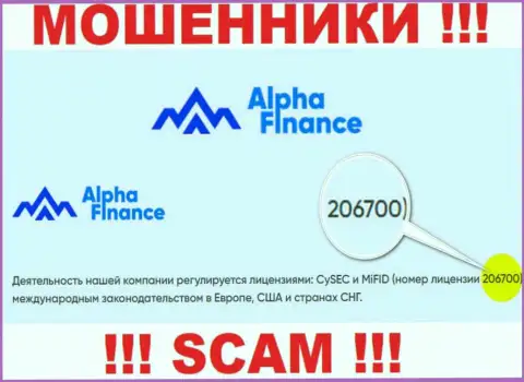 Номер лицензии на осуществление деятельности Alpha Finance, на их информационном ресурсе, не поможет сохранить ваши средства от грабежа