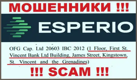 Преступно действующая компания Esperio расположена в офшоре по адресу - 1 этаж, здание Сент-Винсент Банк Лтд, Джеймс-стрит, Кингстаун, Сент-Винсент и Гренадины, будьте осторожны