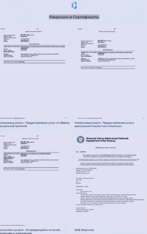 Лицензионные документы и сертификаты online-обменника БТЦБит Нет