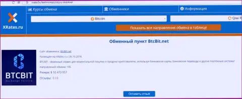 Краткая информация о обменном online пункте BTCBit выложена на веб-портале XRates Ru