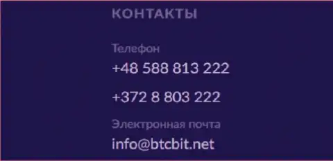 Телефоны и адрес электронной почты организации БТЦ Бит