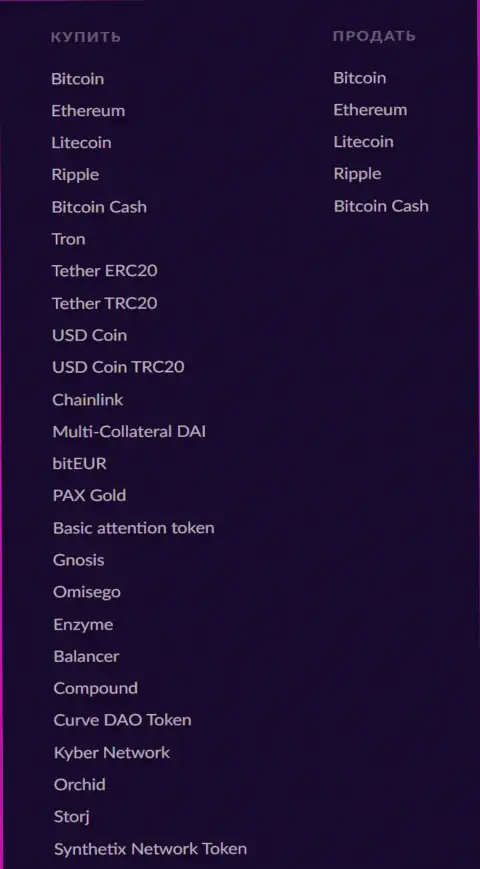 Список виртуальной валюты для совершения сделок в онлайн обменке BTCBit Net