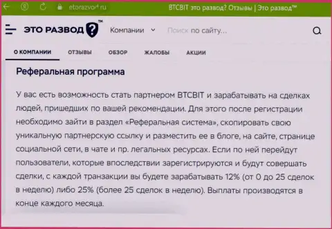 Правила партнерской программы, которая предлагается обменкой BTCBit, описаны и на веб-сервисе etorazvod ru